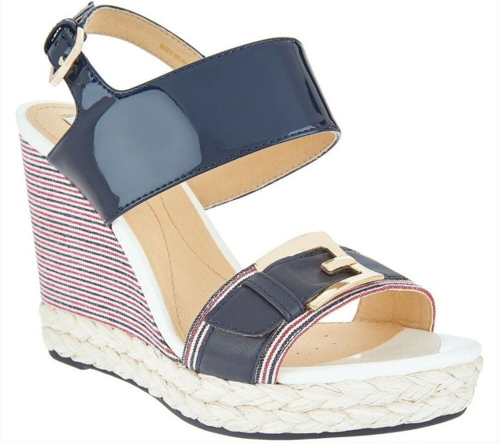 Geox Respira Patent Leather Braided Women's Wedge Sandals D Janira Navy 9 39